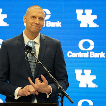 University of Kentucky’s new men’s basketball coach Mark Pope speaks about the future of Kentucky men’s basketball during his introductory press conference to thousands of fans in Rupp Arena on Sunday, April 14, 2024.