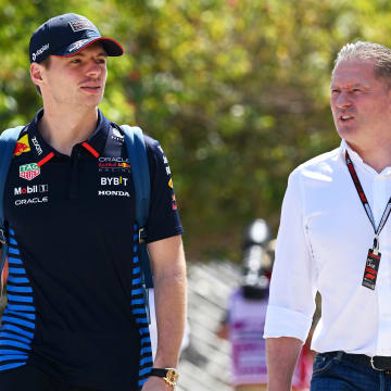 Max Verstappen of the Netherlands and Oracle Red Bull Racing and Jos Verstappen walk in the Paddock prior to practice ahead of the F1 Grand Prix of Bahrain at Bahrain International Circuit on February 29, 2024 in Bahrain, Bahrain. 