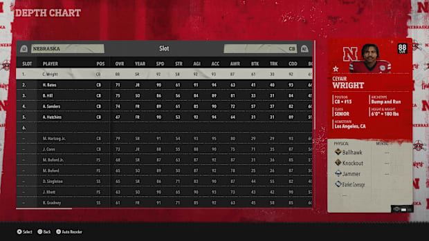 Nebraska football cornerback depth chart in EA Sports College Football 26.