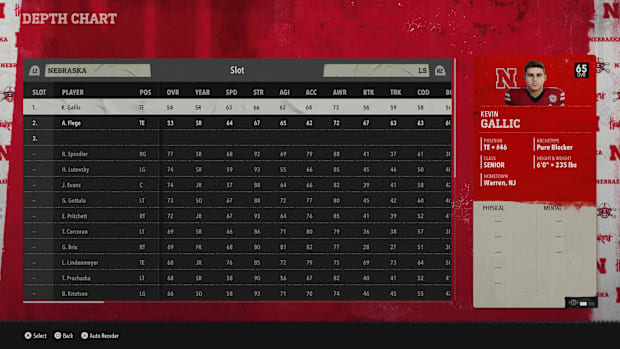 Nebraska football long snapper depth chart in EA Sports College Football 26.