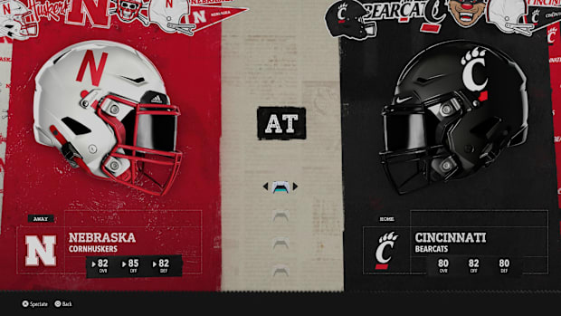 Nebraska at Cincinnati "Play Now" screen from EA Sports College Football 26.