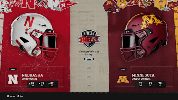 Nebraska at Minnesota "Play Now" screen from EA Sports College Football 26.