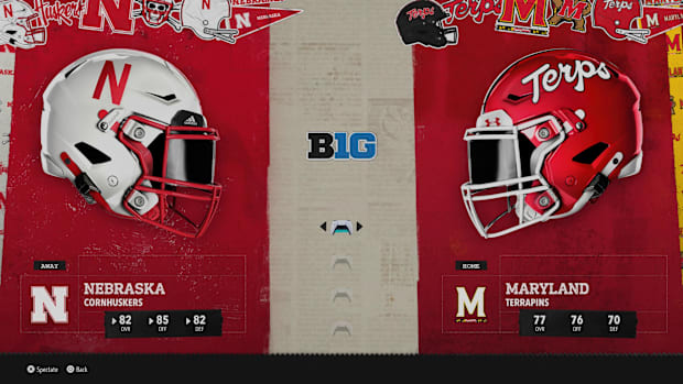 Nebraska at Maryland "Play Now" screen from EA Sports College Football 26.