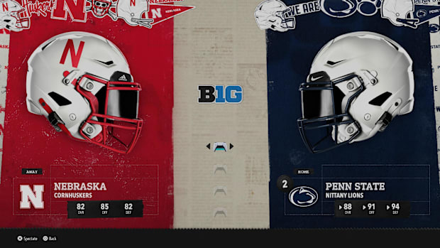Nebraska at Penn State "Play Now" screen from EA Sports College Football 26.
