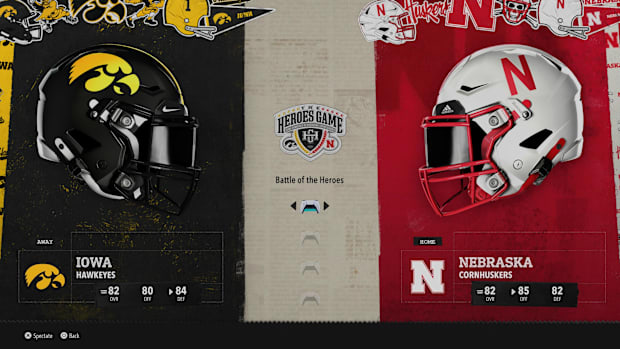 Iowa at Nebraska "Play Now" screen from EA Sports College Football 26.