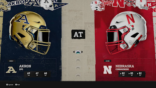 Akron at Nebraska "Play Now" screen from EA Sports College Football 26.