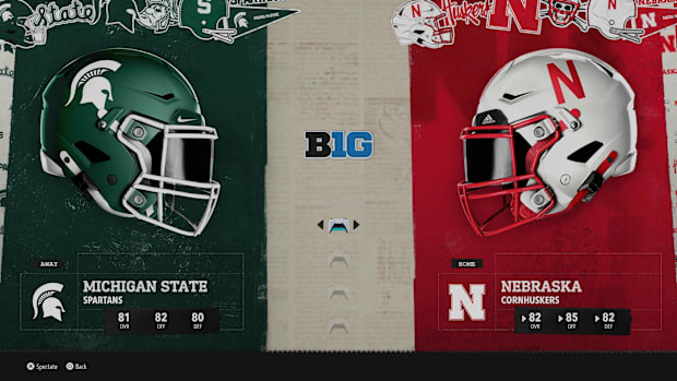 Michigan State at Nebraska "Play Now" screen from EA Sports College Football 26.