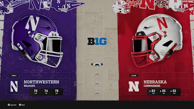Northwestern at Nebraska "Play Now" screen from EA Sports College Football 26.