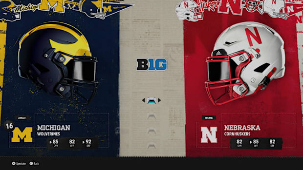 Michigan at Nebraska "Play Now" screen from EA Sports College Football 26.