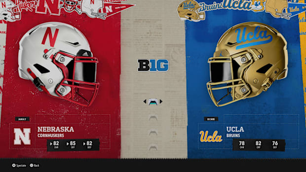 Nebraska at UCLA "Play Now" screen from EA Sports College Football 26.