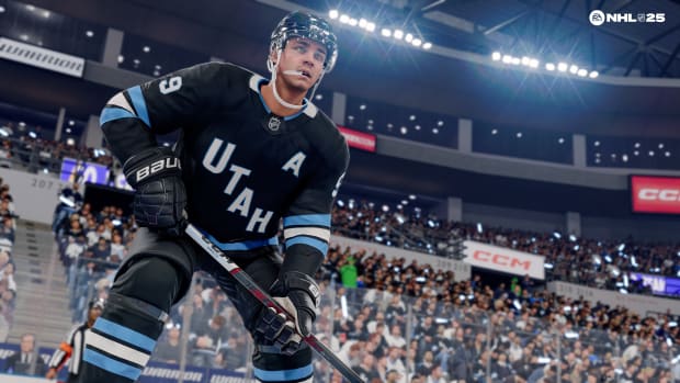 A Utah Hockey Club player in NHL 25, ready to take the puck