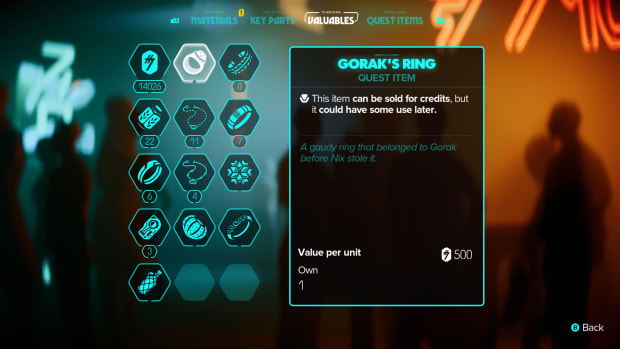 Star Wars Outlaws: A menu with an item called Gorak's Ring highlighted, with a description saying it could have use later. 