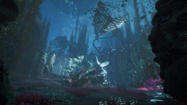 Clair Obscur: Expedition 33 screenshot. A ruined ship floating underwater, stripped of all of but its skeleton.