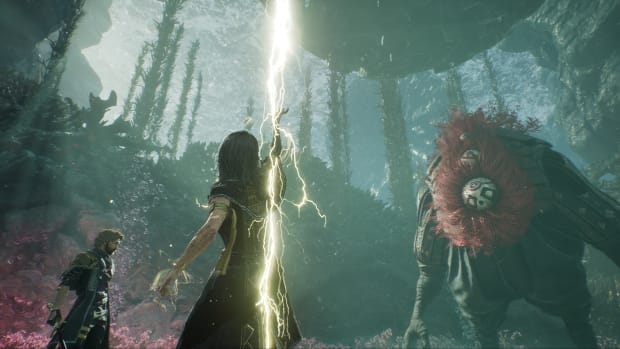 Clair Obscur: Expedition 33 screenshot. Woman shooting a lightning bolt into the sky to attack the giant red-haired monster.