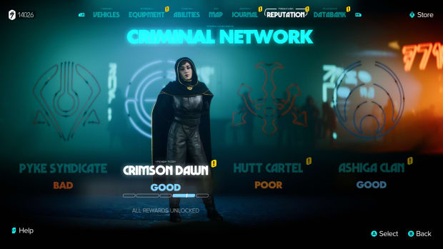 Star Wars Outlaws - The Criminal Network Reputation screen highlighting Crimson Dawn and its leader