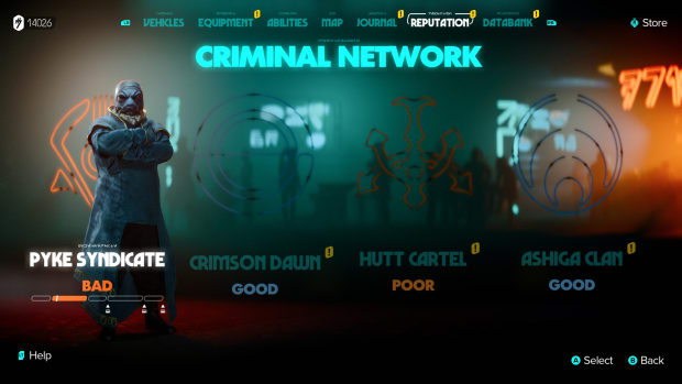 Star Wars Outlaws - The Criminal Network Reputation screen showing the Pyke Syndicate and its leader highlighted