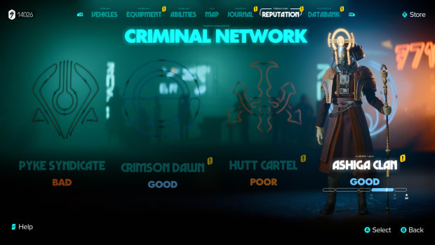 Star Wars Outlaws - The Criminal Network Reputation screen showing the Ashiga Clan and its leader highlighted