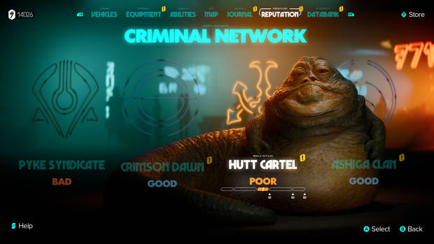 Star Wars Outlaws - The Criminal Network Reputation screen showing the Hutt Cartel and its leader Jabba highlighted