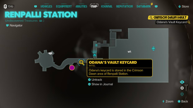 Star Wars Outlaws in-game map of Renpalli Station, with purple circle marking the location of Odana's Vault Keycard