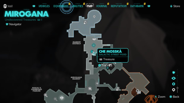 A map image showing Toshara's Galactic Street Food location in Star Wars Outlaws