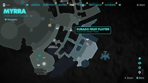 A map image showing Akiva's Galactic Street Food location in Star Wars Outlaws