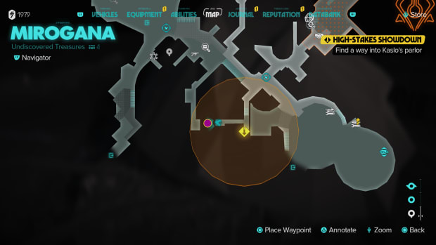 Star Wars Outlaws in-game map of Mirogana, showing Kaslo's Parlor marked with a purple dot.