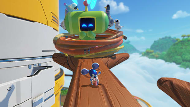 Astro Bot with mouse ears waving at a big green bot in front of him.