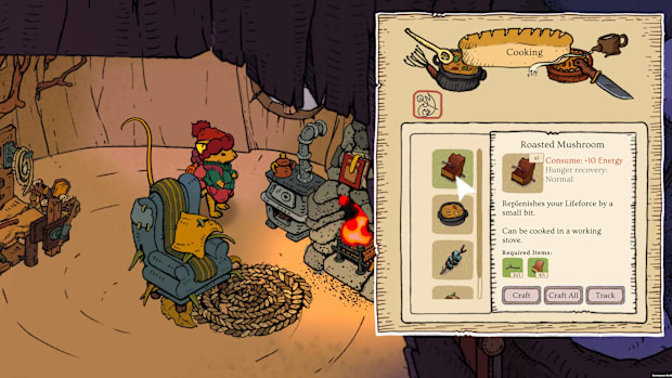 Winterburrow screenshot showing a cartoon mouse cooking at a stove.