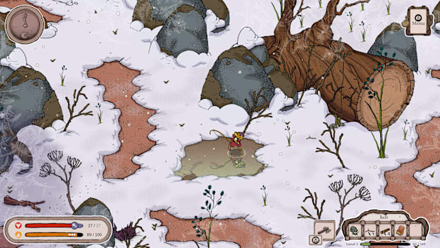 Winterburrow screenshot showing a cartoon mouse explore a snowy landscape.