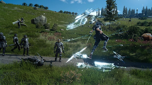 FF15: Noctis in the air with weapons surrounding him as he attacks a group of armored Magitek troops. 