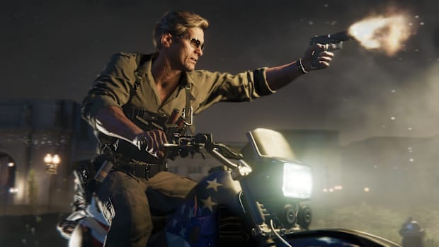 Russell Adler shooting with a  pistol while riding a motorcycle in a screenshot from Call of Duty Black Ops 6.