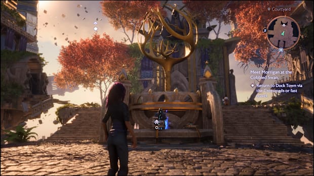 Dragon Age: The Veilguard screenshot. Rook in the lighthouse, a series of stone buildings float in a sunny void.