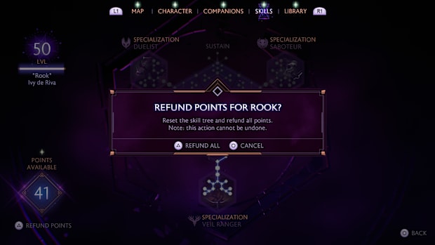 Dragon Age: The Veilguard screenshot of the skill tree asking if you would like to refund your skill points.