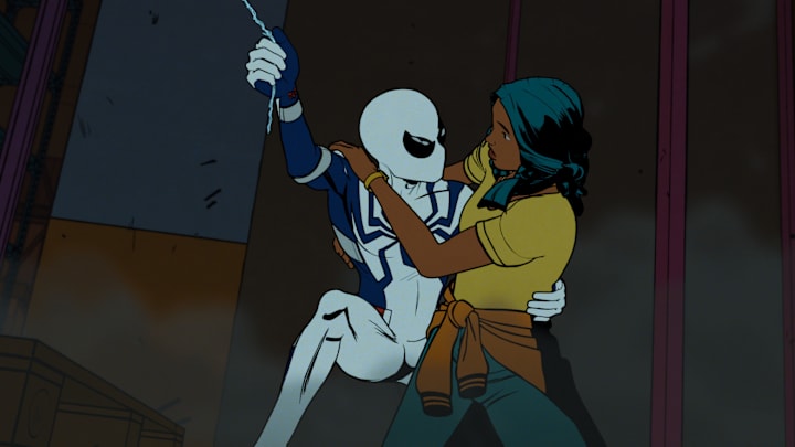 Peter Parker/Spider-Man (Hudson Thames) wearing Oscrop Next-Gen Suit and Pearl Pangan (Cathy Ang) in Marvel Animation's YOUR FRIENDLY NEIGHBORHOOD SPIDER-MAN, exclusively on Disney+. Photo courtesy of Marvel Animation. © 2025 MARVEL. All Rights Reserved.