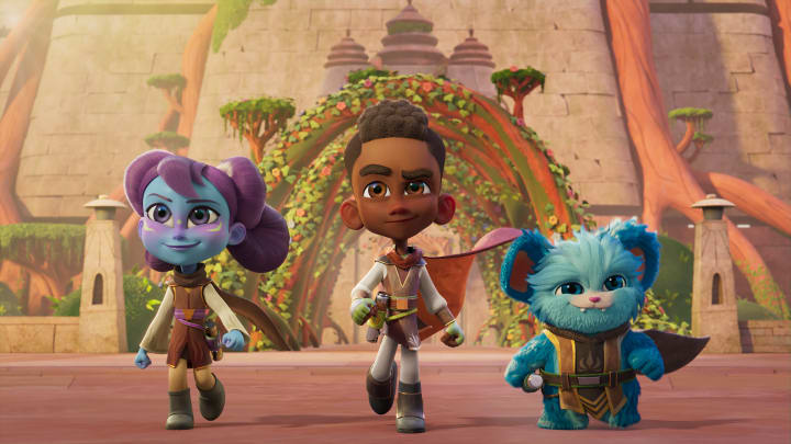 (L-R): Lys Solay (voiced by Juliet Donenfeld), Kai Brightstar (Jecobi Swain), and Nubs (voiced by Dee Bradley Baker) from "STAR WARS: YOUNG JEDI ADVENTURES (Season 2)", exclusively on Disney+ and Disney Junior. © 2024 Lucasfilm Ltd. & ™. All Rights Reserved.