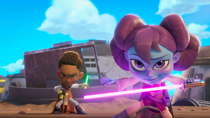 (L-R): Kai Brightstar (voiced by Jecobi Swain.), and Lys Solay (voiced by Juliet Donenfeld) from "STAR WARS: YOUNG JEDI ADVENTURES (Season 2)", exclusively on Disney+ and Disney Junior. © 2024 Lucasfilm Ltd. & ™. All Rights Reserved.