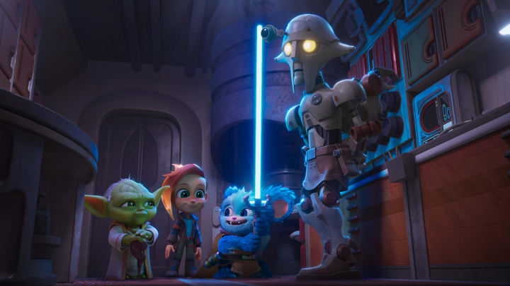 (L-R): Jedi Master Yoda, Nash Durango (voiced by Emma Berman), Nubs (voiced by Dee Bradley Baker), and from "STAR WARS: YOUNG JEDI ADVENTURES (Season 2)", exclusively on Disney+ and Disney Junior. © 2024 Lucasfilm Ltd. & ™. All Rights Reserved.