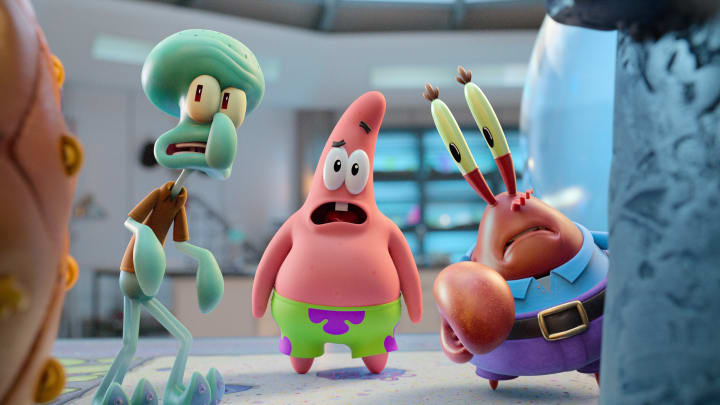 SAVING BIKINI BOTTOM: THE SANDY CHEEKS MOVIE - (L-R) Squidward (voiced by Rodger Bumpass), Patrick (voiced by Bill Fagerbakke) and Mr. Krabs (voiced by Clancy Brown). Cr: Netflix © 2024