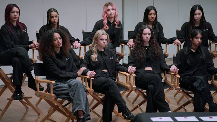 Pop Star Academy: KATSEYE. (L to R) Marquise, Manon, Samara, Emily, Celeste, Daniela, Lara, Ezrela and Nayoung in Pop Star Academy: KATSEYE. Cr. Courtesy of Netflix © 2024