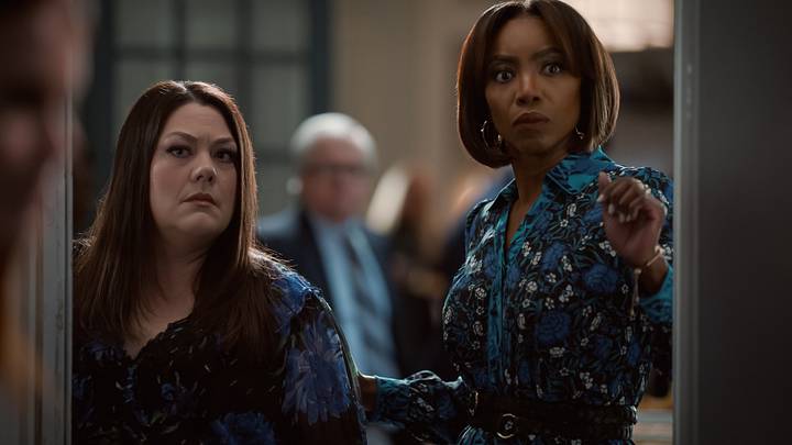 Sweet Magnolias. (L to R) Brooke Elliott as Dana Sue Sullivan and Heather Headley as Helen Decatur in episode 404 of Sweet Magnolias