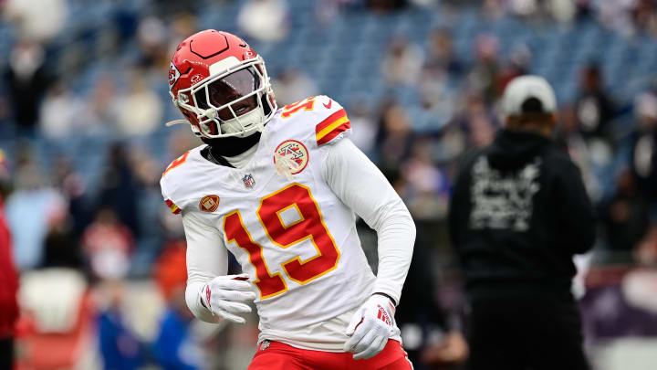 Dec 17, 2023; Foxborough, Massachusetts, USA; Kansas City Chiefs wide receiver Kadarius Toney (19) warms up before a game against the New England Patriots at Gillette Stadium.  