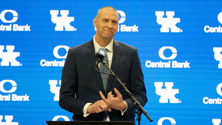 University of Kentucky’s new men’s basketball coach Mark Pope speaks about the future of Kentucky men’s basketball during his introductory press conference to thousands of fans in Rupp Arena on Sunday, April 14, 2024.