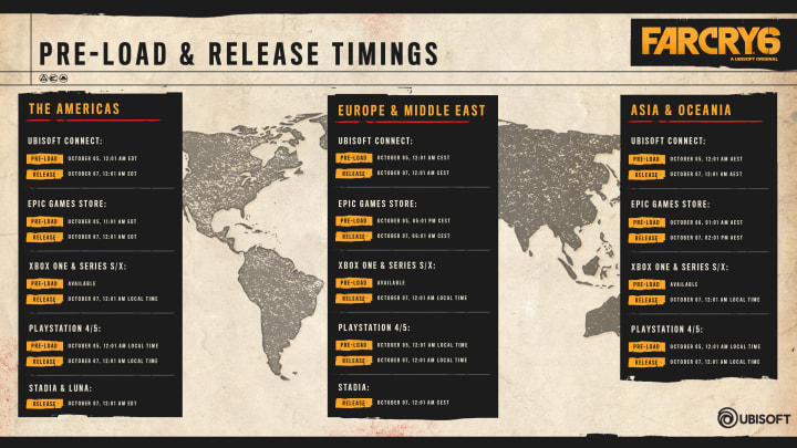 We've compiled a complete list of all dates and times when Far Cry 6 becomes available to preload across the globe. We've compiled a complete list of all dates and times when Far Cry 6 becomes available to preload across the globe.