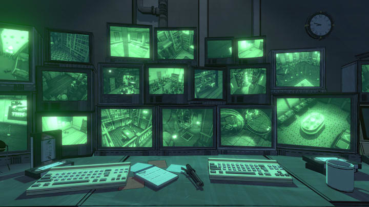 A desk with many surveillance monitors piled on top of each other in Blue Prince.