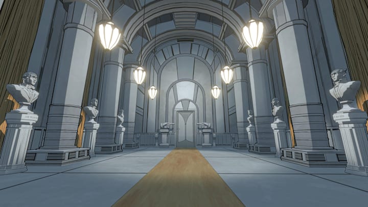 A marble hallway in Blue Prince