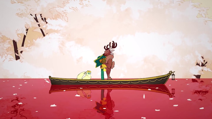 A woman hugging an anthropromophic deer on a boat in a red ocean.