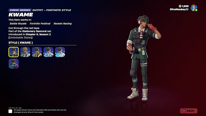 A new Fortnite skin called Kwame, featuring a man with black hair that covers his eyes wearing a suit and combat gear.