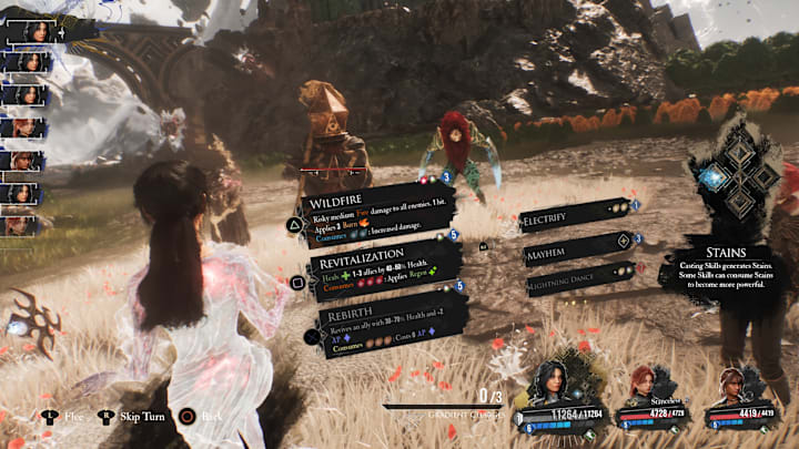 Lune awaiting commands in battle, with a menu showing all of her available skills.