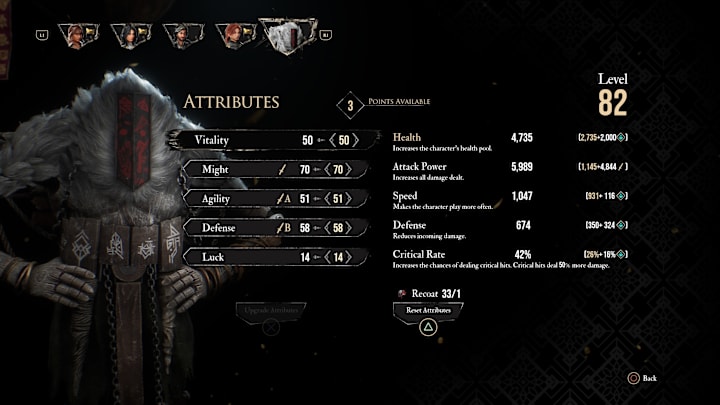 Monoco's stats screen with attibute points ready to spend.