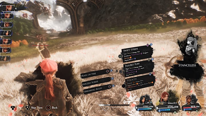 Maelle in the battle with her stance indicator on the right-hand side of the screen. She is currently Stanceless.